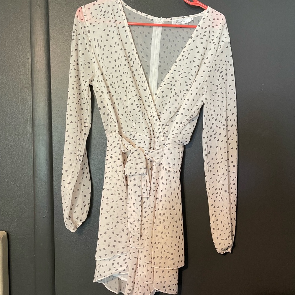 White and black polka dot chiffon romper